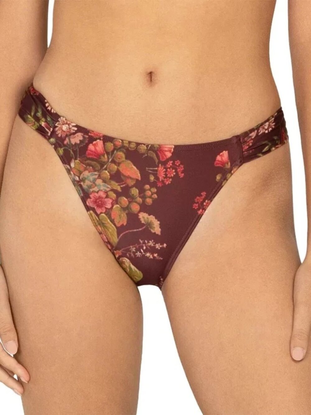 Peony Floral Shirred Bikini Bottom Separates Deep Plum & Olive Beach Size 6 NWT